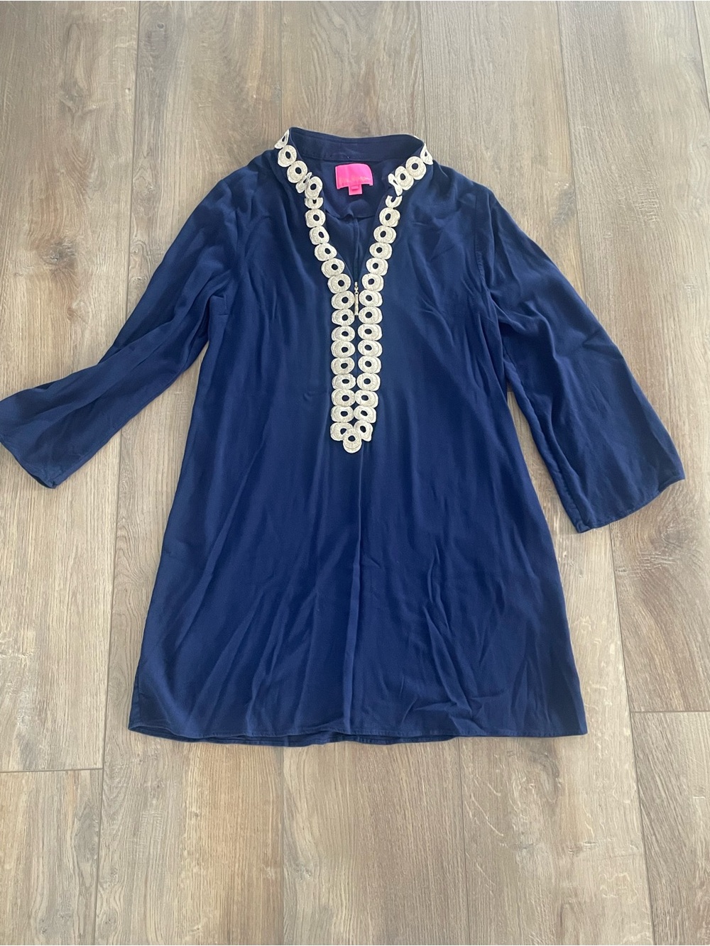 Navy Tunic dress with Cream Embroidered Trim